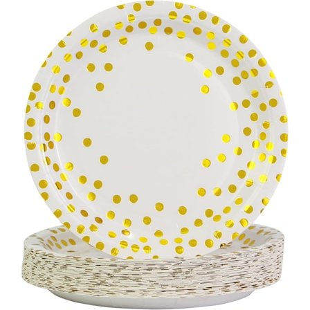 50-pakning med hvite og gullfargede papirtallerkener til fest, 7 tommer