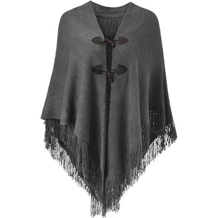 Elegant varm dame sjal poncho (mørkegrå) åpen foran med frynser