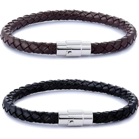 2PC, flettet læderarmbånd i rustfrit stål til mænd og kvinders håndledsarmbånd, sort