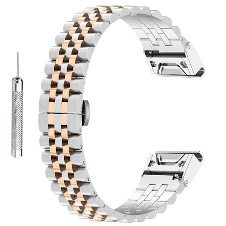 For Garmin Fenix 7S/6S/5S Rustfritt Stål 5 Perler Klokkerem Erstatning Armbånd med Verktøy Gull_Super Gave