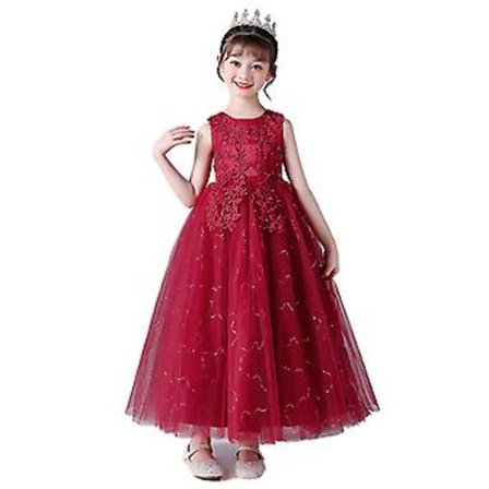 Brudepikekjole for jenter, blomsterbaby, barnefest/bryllupskjoler, prinsesse-blondeballkjoler (120 vinrød)