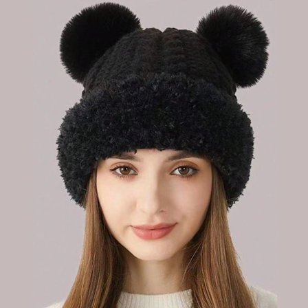 Vinterstrikket hue til kvinder, vindtæt og varm foret hue, sød ørebeskyttende plys vinterhue.