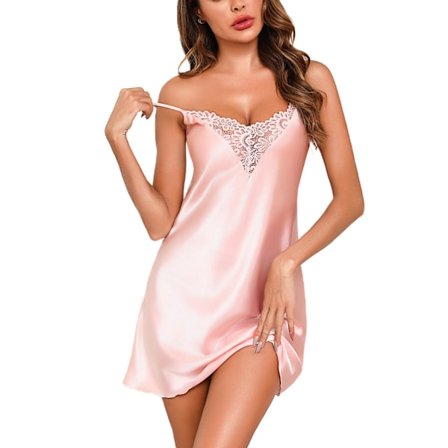 Satin Nattskjorta för Kvinnor, Siden Babydoll Nattlinne med Spets V-ringning och Justerbara Axelband, Elegant Chemise för Romantiska Kvällar