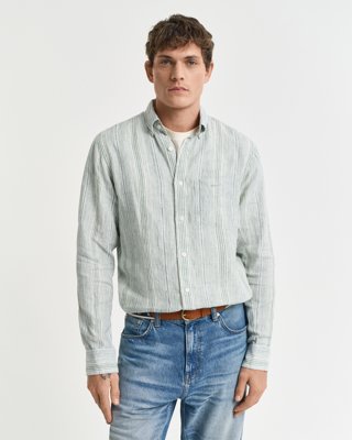 GANT - Regular fit linskjorte med tynne striper til herre kalamata green
