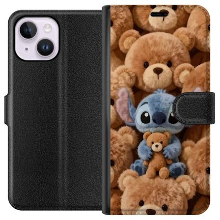 Kompatibel Tegnebogsetui til Apple iPhone 14 Plus Stitch omgivet af brune teddybjørne med en lille teddybjørn i armene i en sød og hyggelig kawaii-des