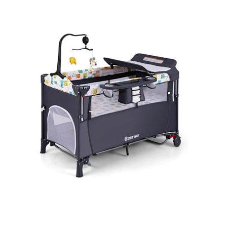 COSTWAY Babyparaplysäng med 5 i 1 hopfällbar madrass - Skötbord, speldosa - 3 leksaker - 4 justerbara armstödshöjder - Grå