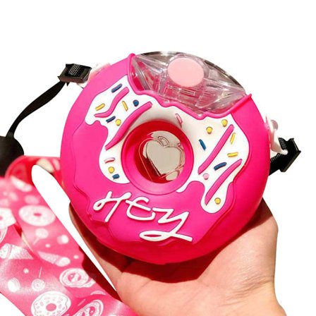 Donitsi-vesipullo, söpö muoto, värikäs PC, lämmönkestävä, kannettava taaperon juomapullo hihnalla, vaaleanpunainen karkki 380 ml