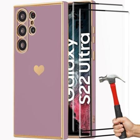 Fodral + 2 härdade glasögon för Samsung Galaxy S22 Ultra, stötsäkert TPU silikonskydd, pläterat hjärtmönster - lila