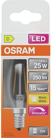 OSRAM Led Lyspære E14 Classic B25 250lm klar Dimbar Varmhvit