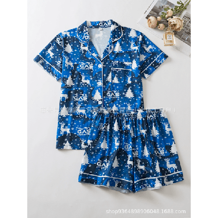 Nya kortärmade shorts avslappnad kofta rutiga dam pyjamas hemkläder