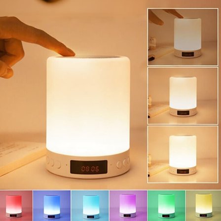 Bordlampe Bluetooth Højttaler – RGB Natlampe/Skrivebordslampe med Vækkeur, FM-Radio & Touch-Styring, 7 Farver, Dæmpbar_TF_TF