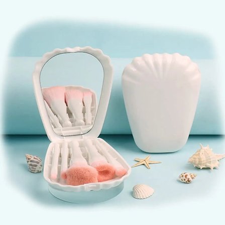 Portable Makeup Brush Set with Seashell Storage Box,Travel Makeup Brushes Set with Mirror for Foundation Eye Shadows Lips