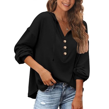 Dame Hoodie med Knapper, V-hals, Hættetrøje