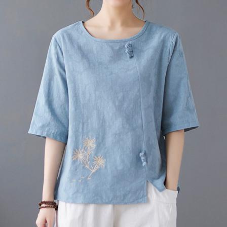 Broderi T-shirt För Kvinnor Med Rund Hals T-shirt