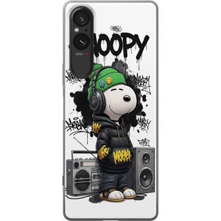 Kompatibelt Mobildeksel til Sony Sony Xperia 5 V Snoopy i gateklær med hodetelefoner, graffiti-stil og et stort smil mens han står ved siden av boom