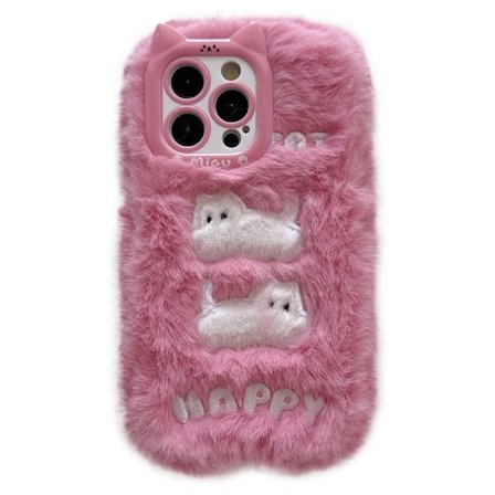 iPhone 16 Pro Max Case Embroidered White Cats Fuzzy Winter Flexible Phone Cover - Pink