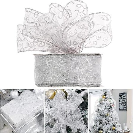 Silver Christmas Ribbon Wired 2-1/2 Inch Silver Glitter Swirl Wired Band För Kransar Julgran