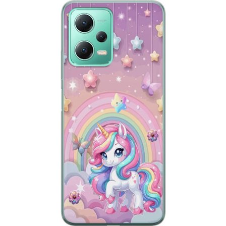 Kompatibel Mobilcover til Xiaomi Redmi Note 12 Magisk enhjørning med regnbue manke, stjerner og sommerfugle mod en pastelfarvet himmel med skyer