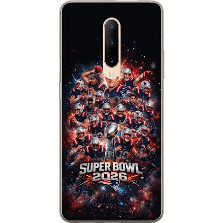 Yhteensopiva Puhelinkuori OnePlus 7 Pro Super Bowl 2026 juliste, jossa New England Patriots ja NFL-mestaruuspalkinto räjähtävän urheilullisessa suunni