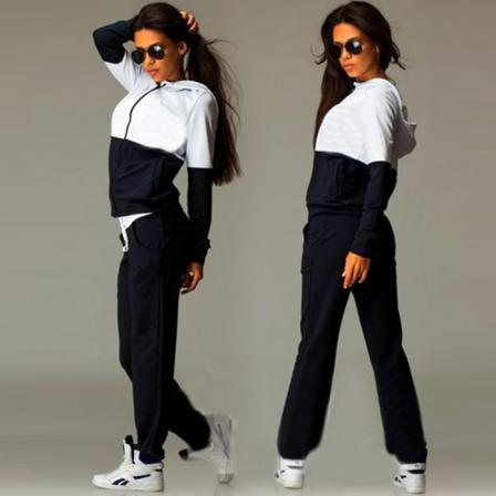 Kvinnor Splicing Color Hoodies Suits Dam Patchwork Fickor Set