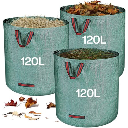 Kraftige Haveaffaldssække, 3 x 120 L Haveplantesække med Håndtag, Foldbare og Genanvendelige, Fremstillet af Ekstremt Robust Polypropylen (PP)