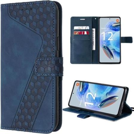 Cover til Xiaomi Redmi Note 12 Pro 5G, marineblå, lædereffekt præget mønstercover med kortpladser og stativ marinblå