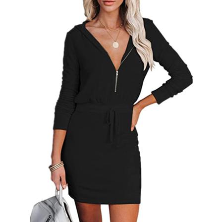 Kvinnor Zip V-hals Bodycon Klänning Dam Långärmad Hooded Casual