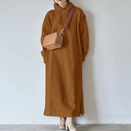 Kvinnor Enfärgad Pullover Fleece Fodrad Sida Slit Hooded Klänningar