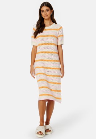 SELECTED Alby SS Long Knit Dress Birch Stripes:PAPAYA Klær