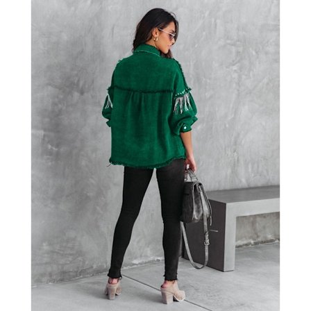 Avslappet denimjakke med frynser for kvinner Grønn