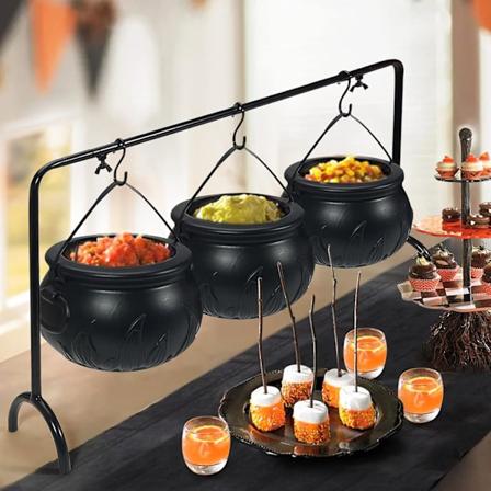 Halloween Dekoration - Halloween Fest Dekorationer - Sæt med 3 Heksekædle Serveringsskåle på Stativ - Sort Plast Hokus Pokus Godterihink Kædle til