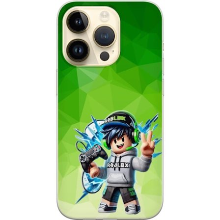 Kompatibelt Mobildeksel til Apple iPhone 15 Pro Roblox-inspirert gamerfigur med headset, håndkontroll og energiske effekter mot grønn bakgrunn
