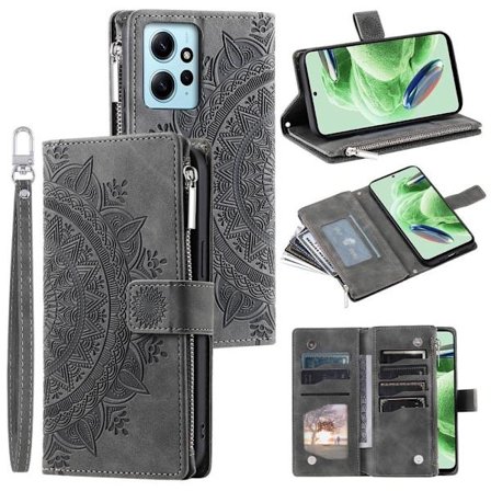 SKALO Xiaomi Redmi Note 12 4G Big Wallet Mandala Lompakkokotelo - Harmaa