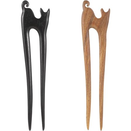 2 STK. U-formede hårnåle i træ, håndlavede franske hårnåle med sødt kattedesign, 2 stk. vintage hårnåle i træ (sort og brun)