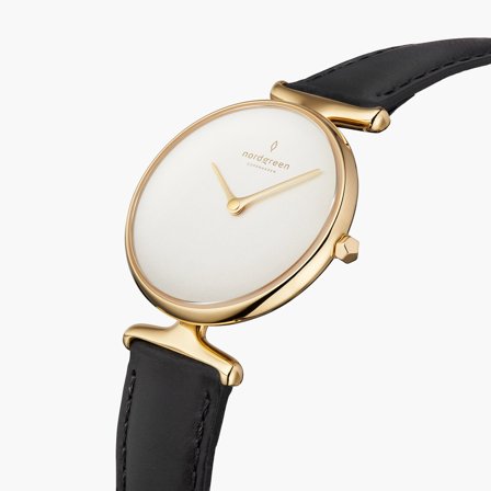 Nordgreen Women's Slim Minimalist Danish Watch - Gold Case - White Dial - 28mm Black Leather Strap White Dial Unika