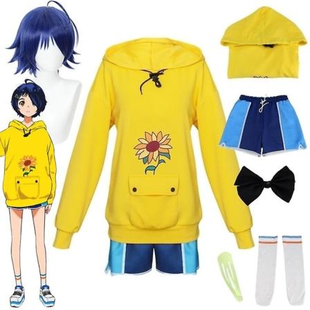 Anime Wonder Egg Priority Ohto Ai Cosplay-asu Tummansininen Peruukki Huppareilla Housut Rusetit Sukat Asut Joulukarnevaalivaatteet Costumes with wigs 