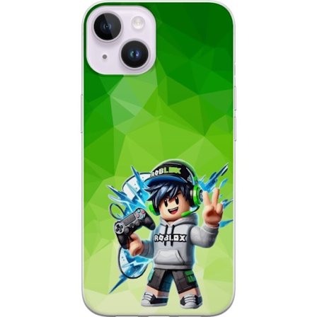 Kompatibelt Mobildeksel til Apple iPhone 14 Plus Roblox-inspirert gamerfigur med headset, håndkontroll og energiske effekter mot grønn bakgrunn