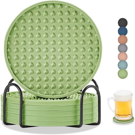 Lasinaluset, 6 silikonisen lasinalusen setti metallitelineellä, valmistettu liukumattomasta kumimateriaalista, sopii myös ulkokäyttöön.