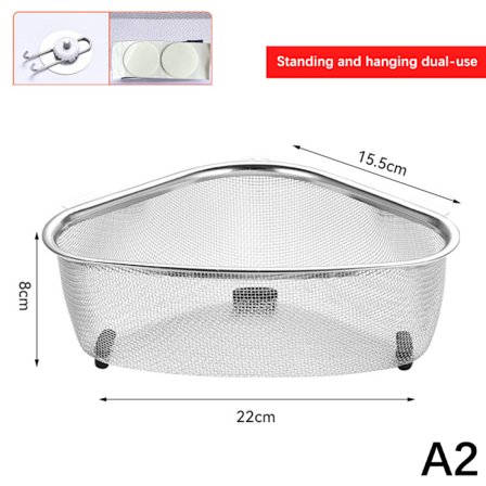 Vaskesil med avløpskurv i rustfritt stål, trekantformet kjøkkenhylle
