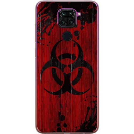 Yhteensopiva Puhelinkuori Xiaomi Redmi Note 9 Punainen tausta mustalla biohazard-merkillä kuluneessa maalaistyylissä, teollinen tunne roiskeilla, na