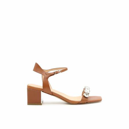 Guess, Leather sandals with jewel application and wide heel Brązowy, Kobieta, Rozmiar: 39 EU