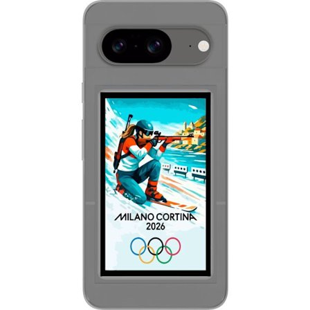Kompatibelt Mobildeksel til Google Pixel 8 Retroplakat Cortina Milano 2026 med fjell, vintersportsutøvere, italienske trikolor, Milano-katedralen og o