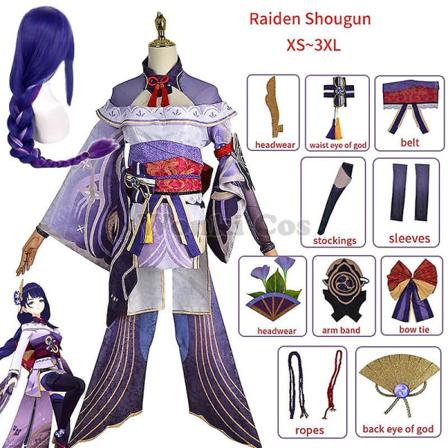 Genshin Impact Raiden Shogun Cosplay kostyme parykk Lilla langt hår Halloween kostymer komplett sett Genshin Baal Shougun Cosplay XXXL