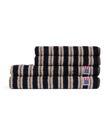 Lexington Stripet frottéhåndkle, blackish navy/beige