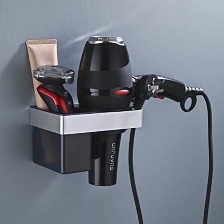 Hårfönshållare för väggmontering, aluminiumhårfönshållare med ABS-förvaring och sladdhållare, ingen borrning