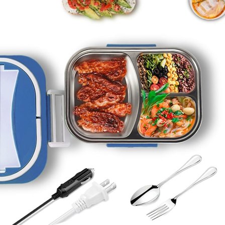 Elektrisk madvarmer til madkasse, bærbar madvarmer til bil/lastbil/hjemmebrug, lækagesikker, aftagelig 304 rustfrit stålbeholder, gaffel og ske (blå)
