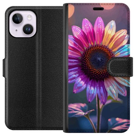 Kompatibelt Lommeboketui til Apple iPhone 14 Plus Irideserende blomst med glitrende kronblad i rosa lilla og gull mot myk bokeh bakgrunn