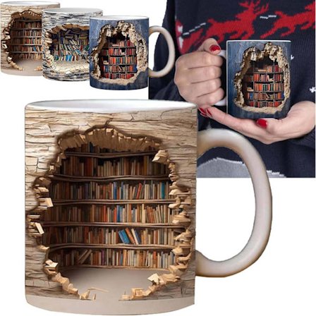 3D-bogreol krus, 3D-effekt bogkrus, kreativt rumdesign multifunktionelt keramikkrus, kaffekrusgave til bogelskere