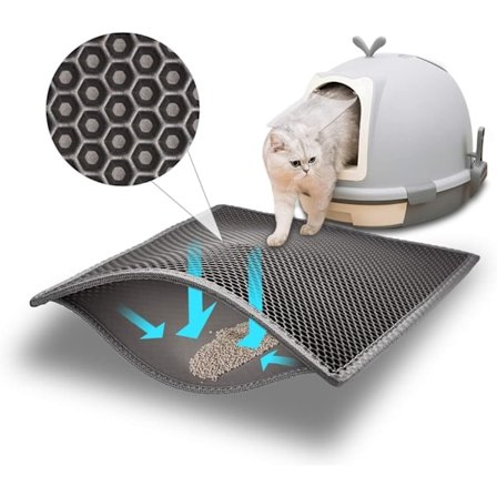 Kattesandmatte i stor størrelse, dobbeltlags honeycomb design, store hull, vanntett EVA-materiale, BPA-fri, vaskbar (45*60 cm, grå)