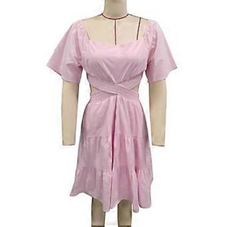 Naisten mekko lyhyet kellohihat röyhelöhelmalla ristikkäinen vyötärö ontto selkäosa poimutettu kesämekko vaaleanpunainen L